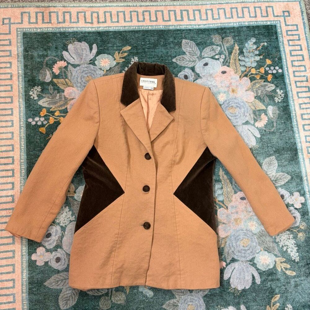 Vintage Urban Wool Blazer Womens 14 Tan Brown Merino l Velvet Trim Button Front - Picture 8 of 13